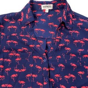 Express‎ Blouse Small Navy Pink Flamingo Georgette Button Up Convertible Sleeve